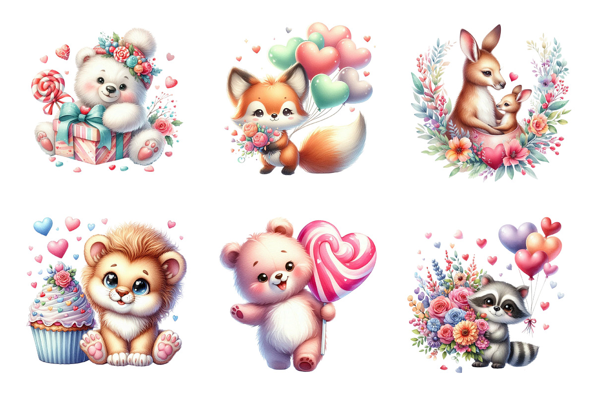 Cute Valentine Animal Clipart Bundle, an Illustration by SinaCreation (Photo 3 of 11)