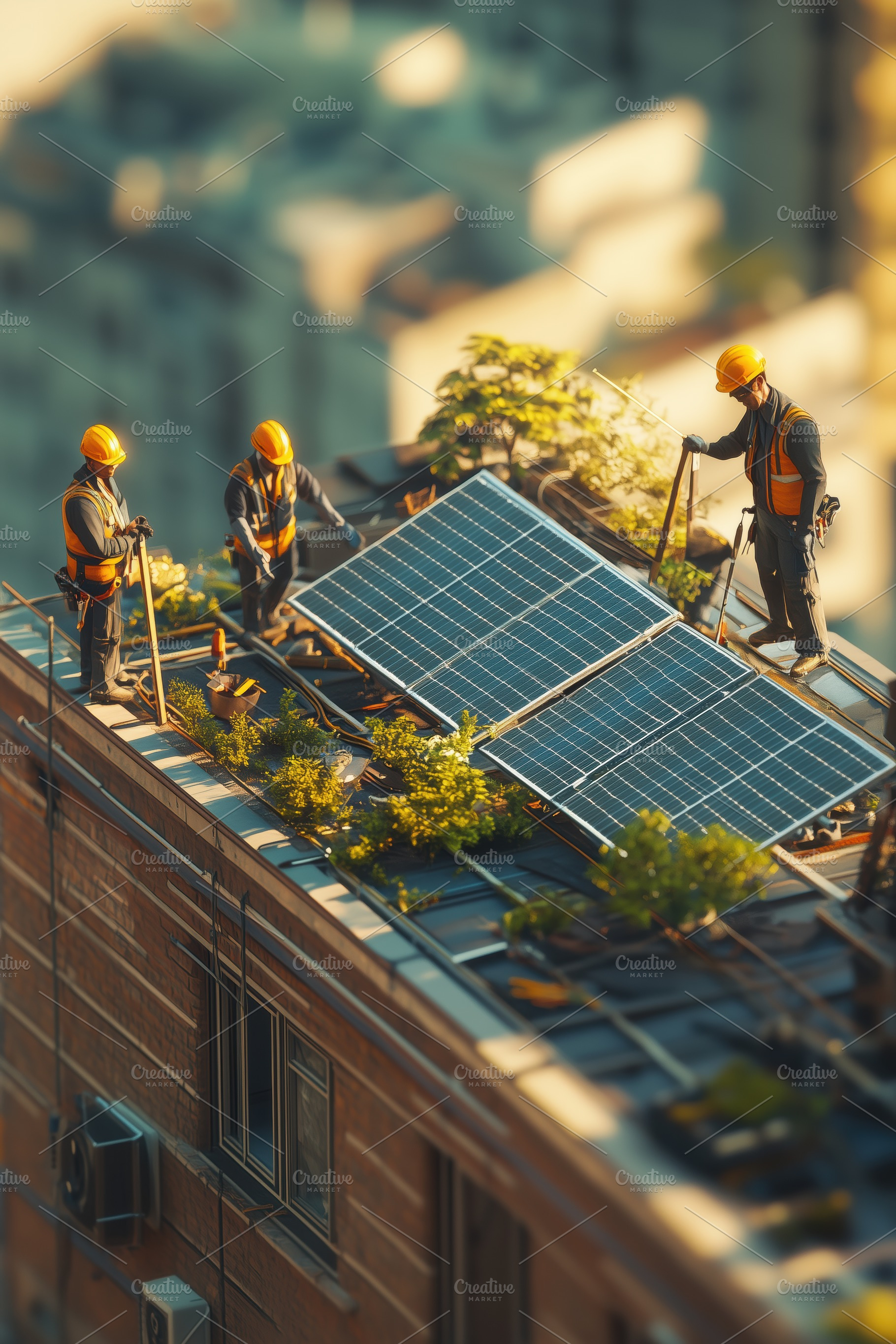 Workers installing solar panels on a rooftop, surrounded by greenery. The scene, a Technology Photo by Textures & Backgrounds