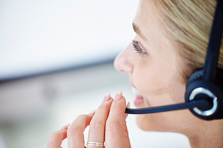 Call center, customer support and closeup of woman with microphone talking, speaking and helping client online. Telemarketing, customer service and female consultant with headset for crm company call, a Photo by Peopleimages.com
