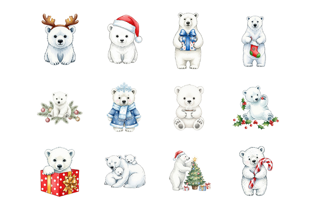 Watercolor Polar Bear Christmas PNG, an Illustration by SinaCreation (Photo 2 of 7)