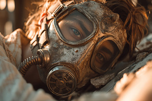 Close-up of a figure wearing a vintage gas mask in soft lighting, a Photo by AS photostudio