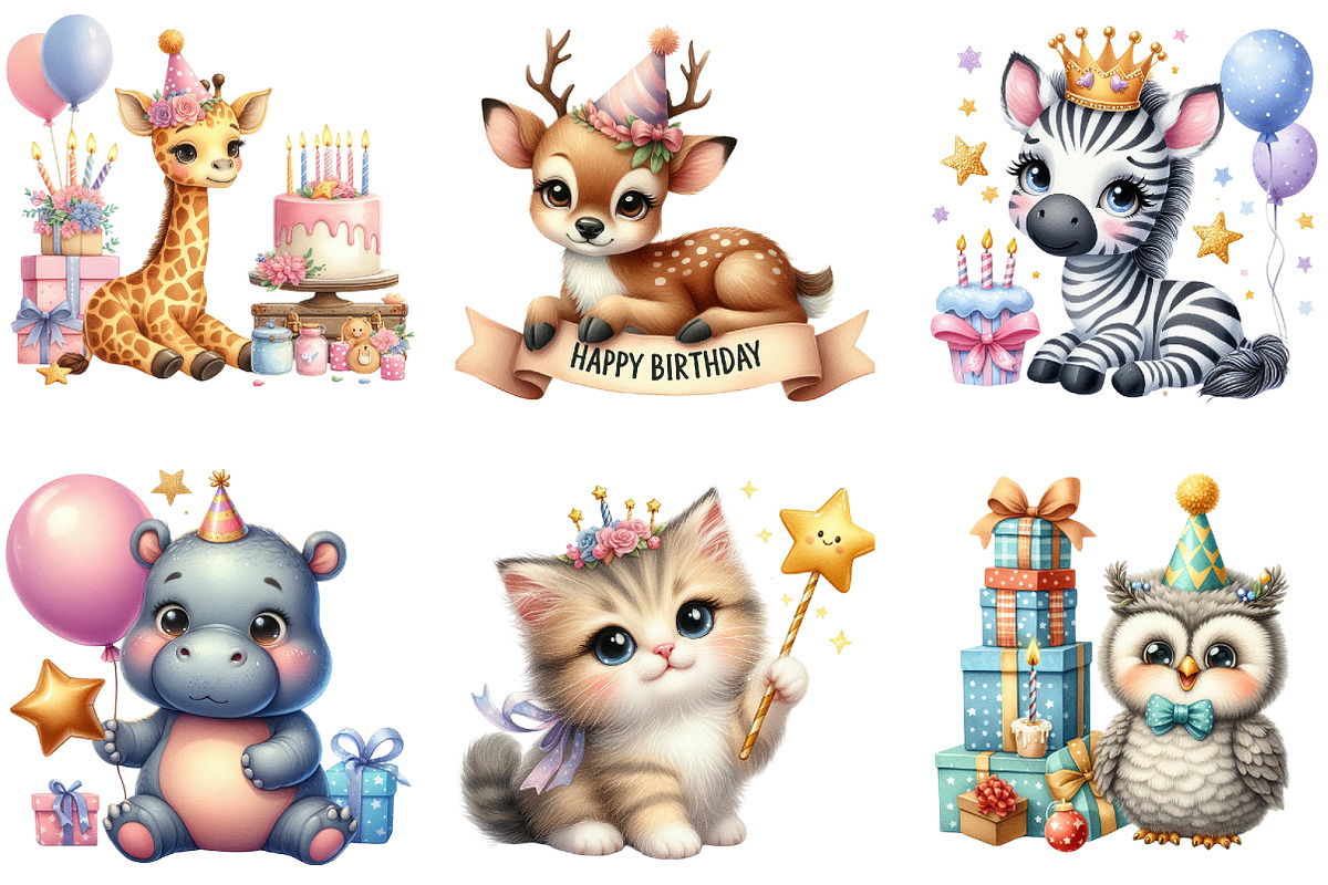 Birthday Baby Animal Clipart, Birthd, an Illustration by DreamArtGraphic (Photo 2 of 6)