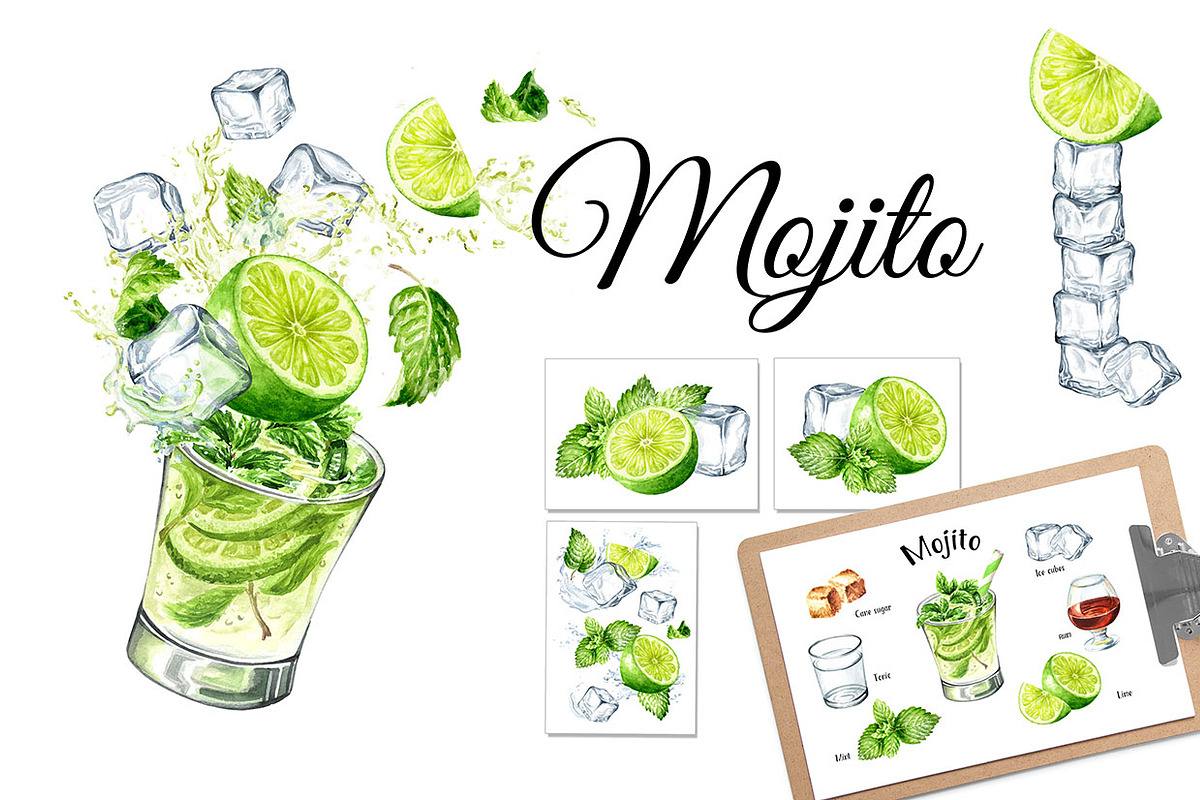 Mojito. Hand drawn watercolor set, a Food Illustration by Daria Ustiugova (Photo 1 of 11)