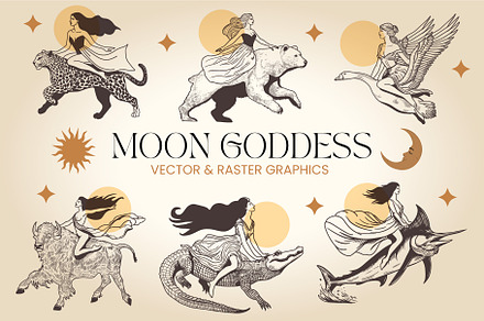 Moon Goddess Spirit Animal Bundle, an Illustration by Wanderlust Heart Branding