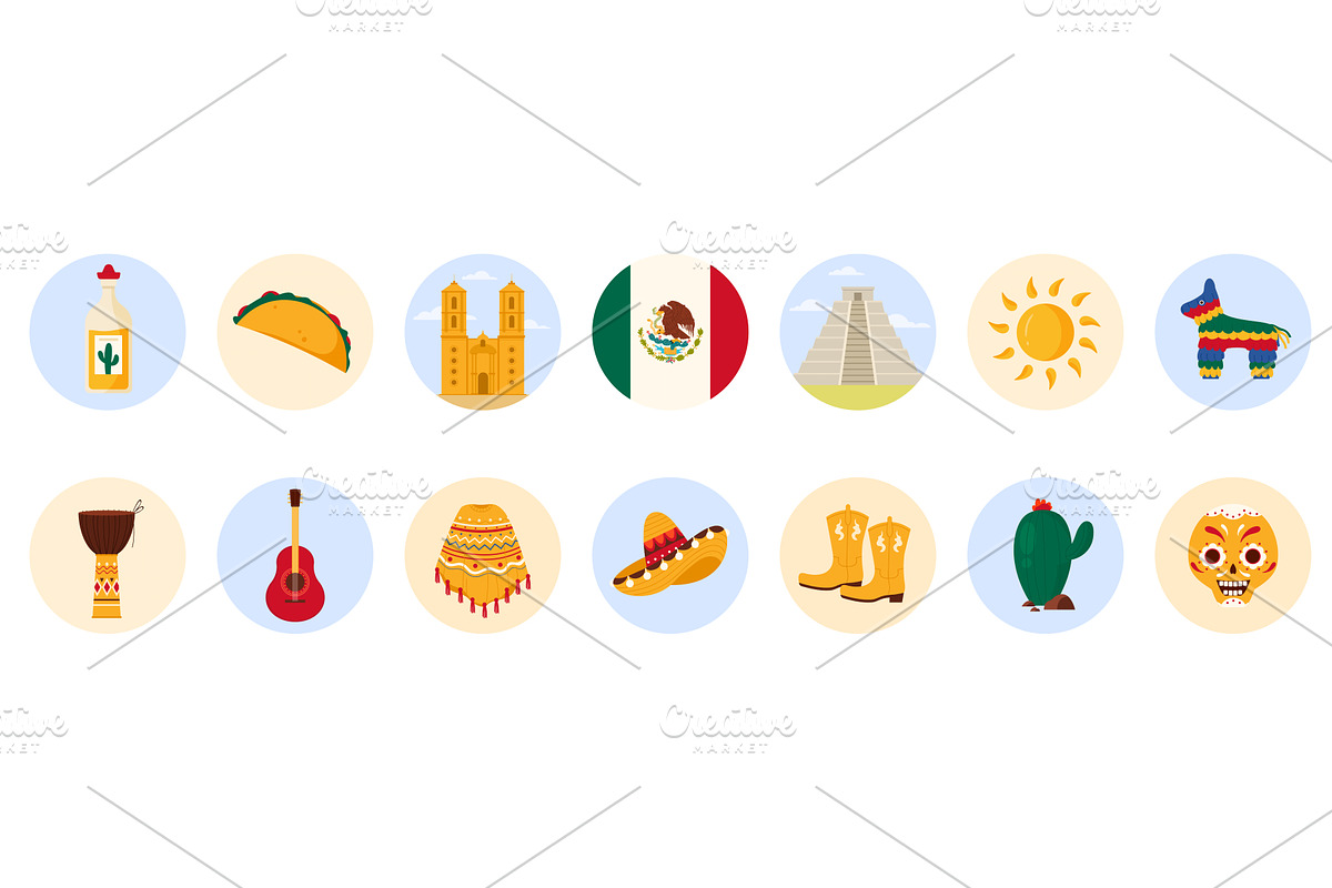 Travel to Mexico set of round, a Food Illustration by Flashvector