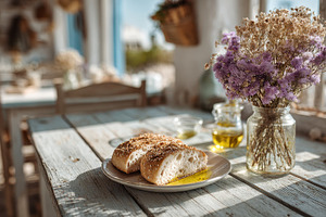 Sesame bread slices with olive oil o, a Photo by Pixeness Studio