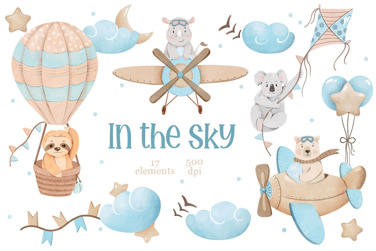 In the sky, Cute Pilots Animals, an Animal Illustration by ArtGiftsStudio (Photo 1 of 4)