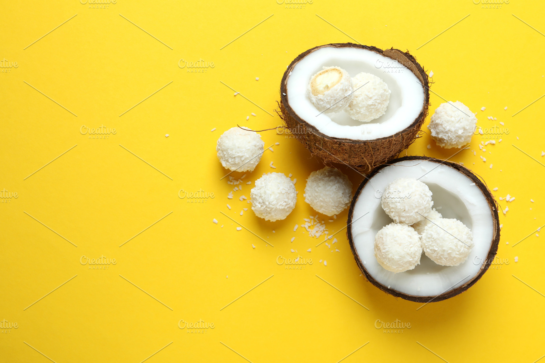 Concept of tasty sweets, coconut candies, space for text, a Food & Drink Photo by AtlasStudio PRO