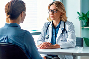 Doctor talking to a seated patient in a bright clinical office i, a Health & Medical Photo by DanFLCreativo
