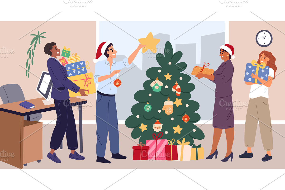 Office employees decorate Christmas, an Illustration by Vectorbuum