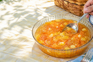 Jello salad in a glass dish on picni, a Photo by Dvoevnore photos
