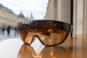 Stylish sunglasses showcased on a ta, a Photo by Tanuart