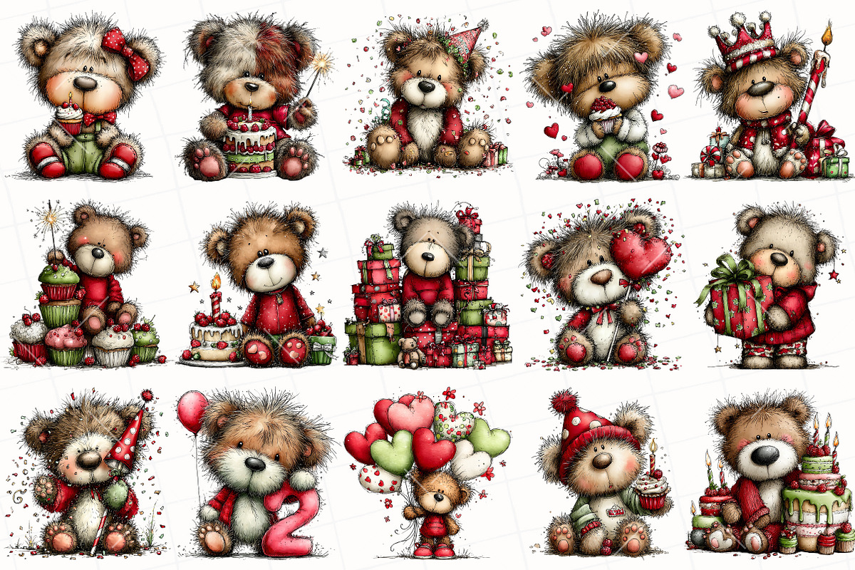 Whimsical Birthday Teddy Bear Clipar, an Illustration by OK Design (Photo 3 of 6)