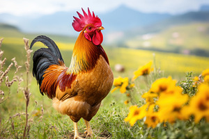 Proud rooster with bright red comb, a Photo by Pavel_design