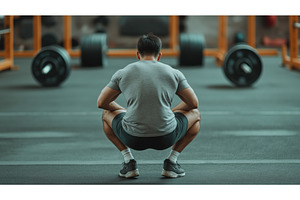 A man in athletic attire squats on a, a Person Photo by Sergey Kotenev