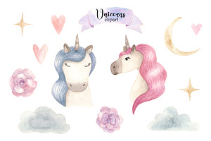 Watercolor Unicorns. Clipart Pattern