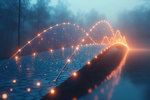 Illuminated bridge arches over calm, a Photo by Tanuart