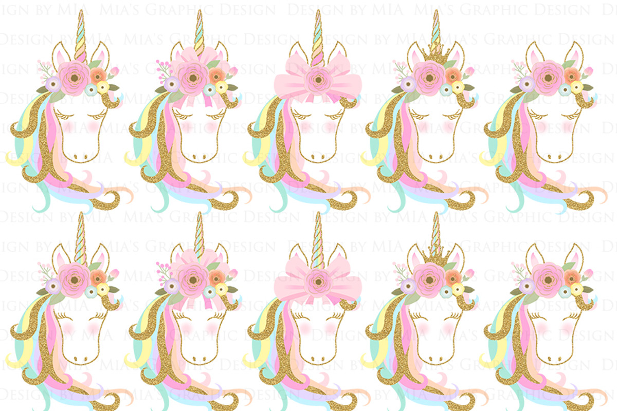 Unicorn Faces Gold Clipart, Pattern, an Illustration by Mia's Graphic Design (Photo 6 of 11)