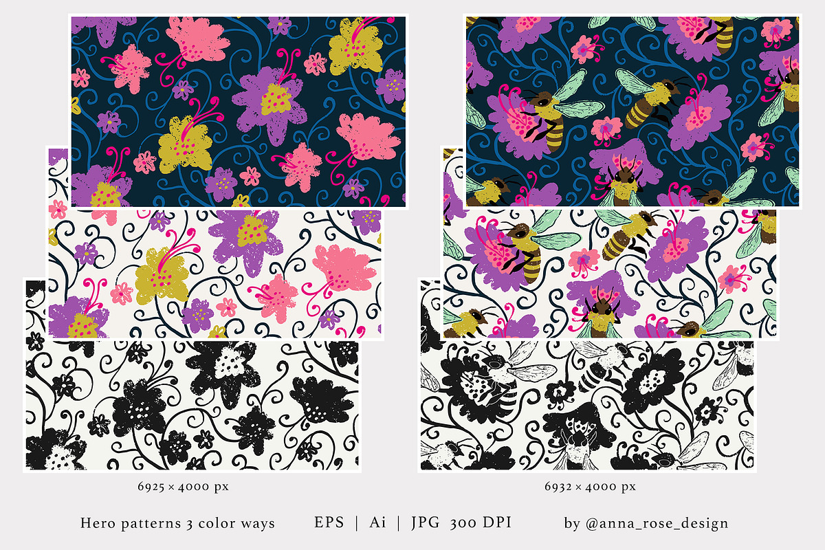 Midnight Hive - Bee Floral Patterns, a Pattern Graphic by Rose Design (Photo 2 of 13)