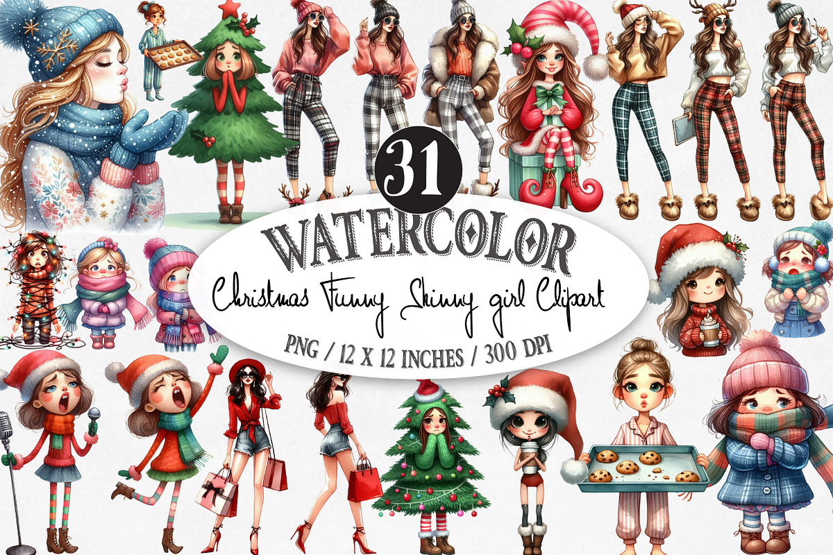 Christmas Funny Skinny Girl Clipart, an Illustration by Designking (Photo 1 of 5)