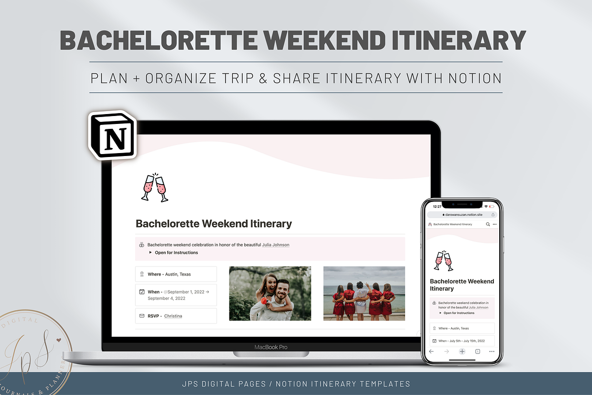 Bachelorette Itinerary in Notion, an App Template by Designs by Darowan (Photo 1 of 10)