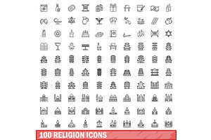 100 religion icons set, outline, an Illustration by Ylivdesign