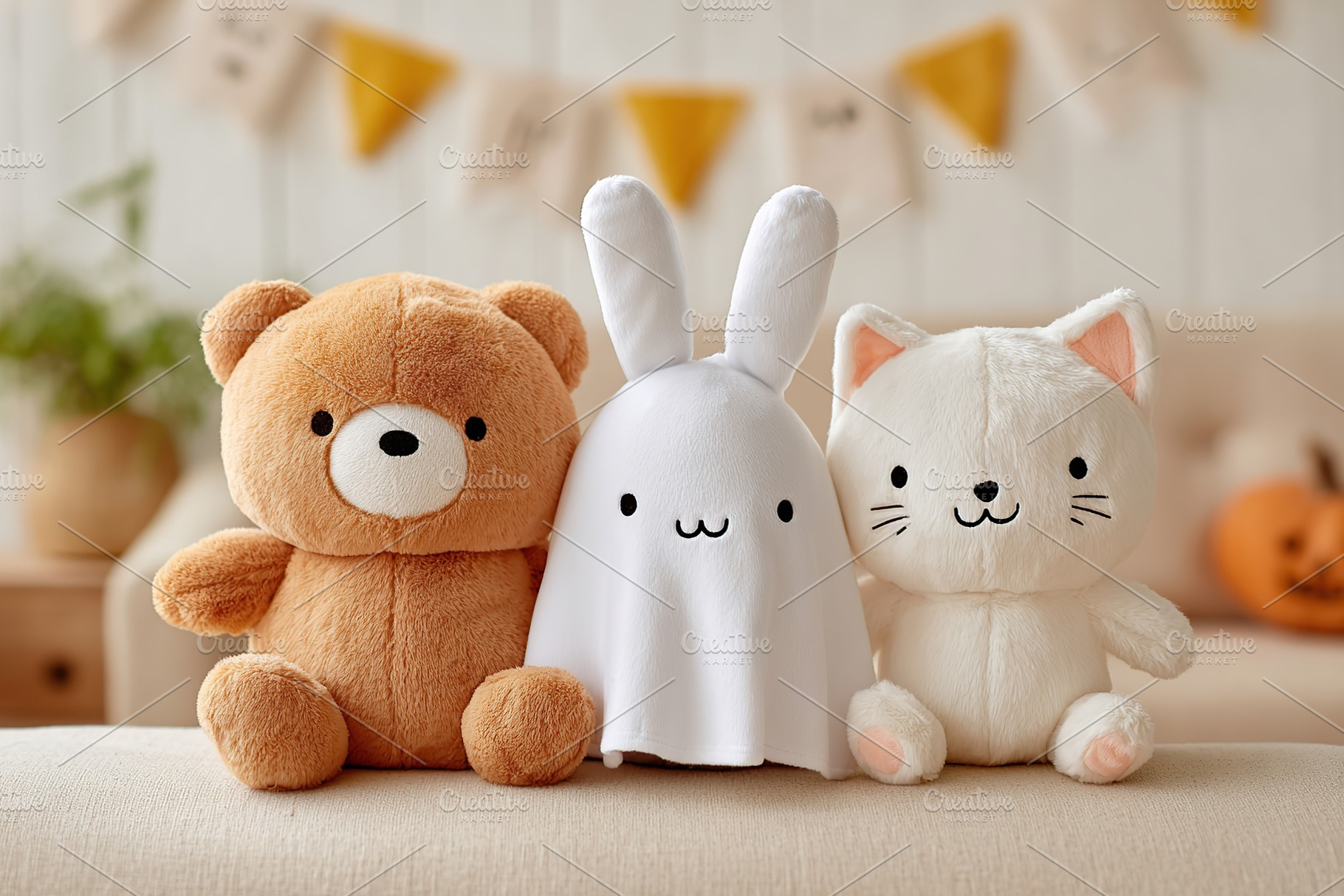 Soft toy gathering of a bear, bunny, and cat during autumn celebration at home, a Photo by AlyaAnd