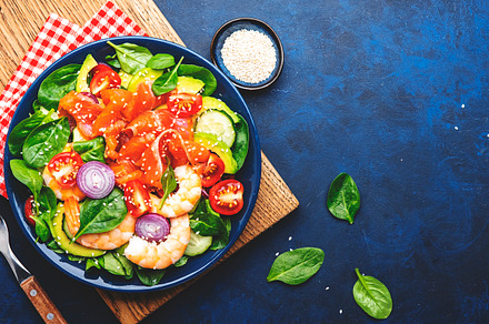 Fresh salad for keto diet with salmon, avocado, spinach, cucumbe, a Food & Drink Photo by 5PH