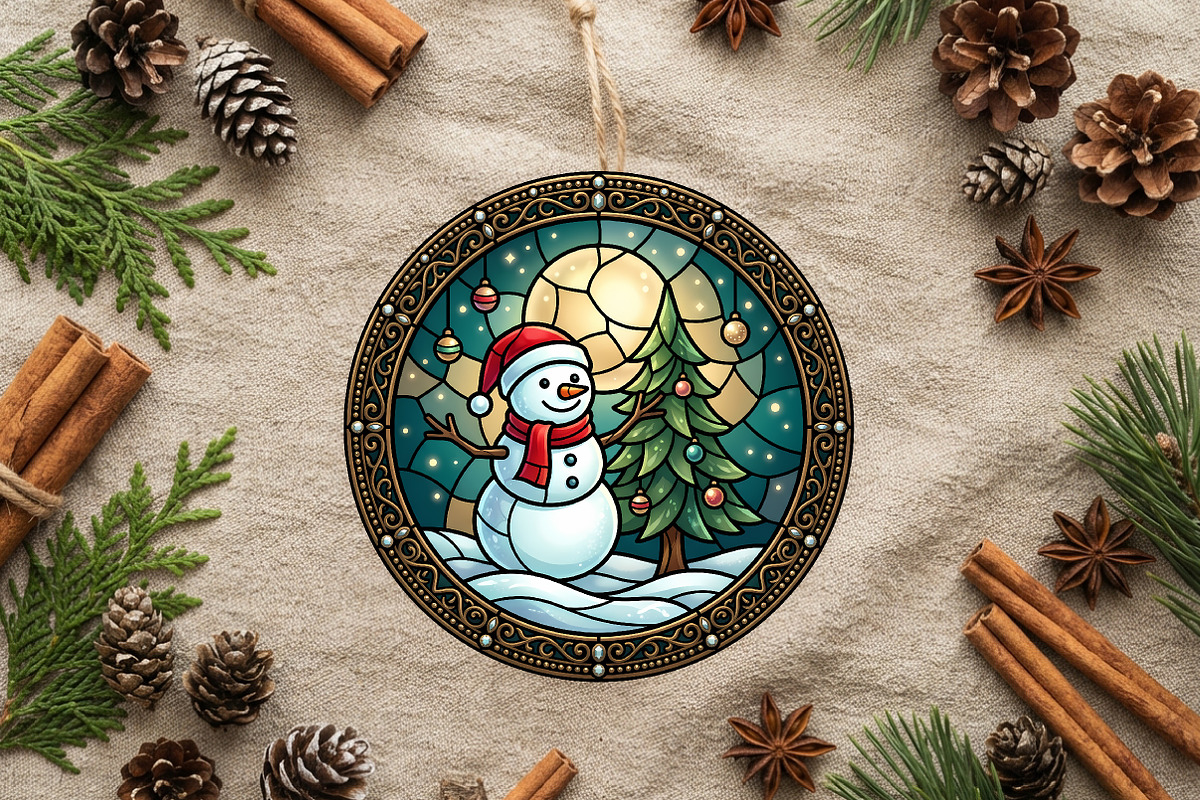 Stained Glass Snowman Tree Ornament, a Seasonal Illustration by CrexoraLab (Photo 2 of 3)