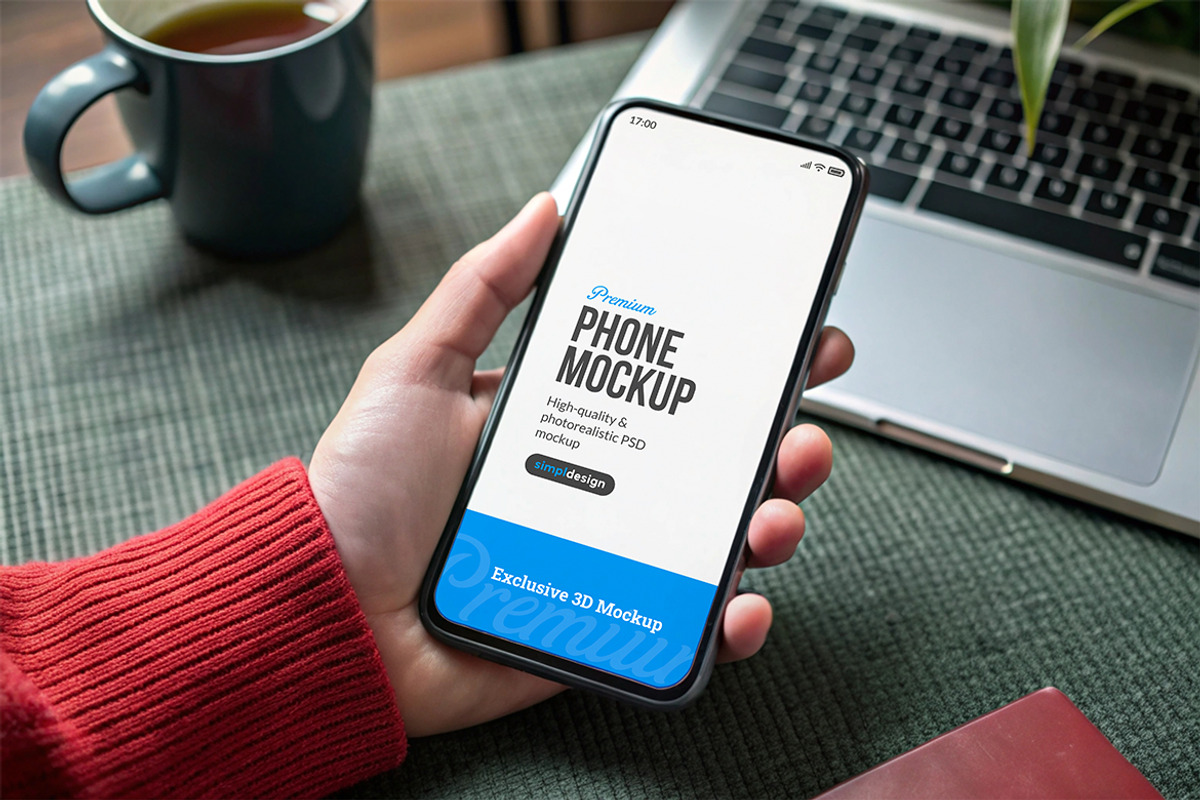 iPhone Mockup Hand Laptop Coffee, an iPhone Mockup by SimplDesign (Photo 2 of 2)