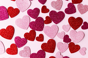 Happy Valentine's day! Stylish pink and red glitter hearts flat, a Holiday Photo by Sonjachni
