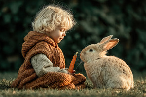 Toddler Feeding Carrot to Rabbit in Golden Sunset Meadow Warm Ch, an Animal Photo by José Manuel Gelpi
