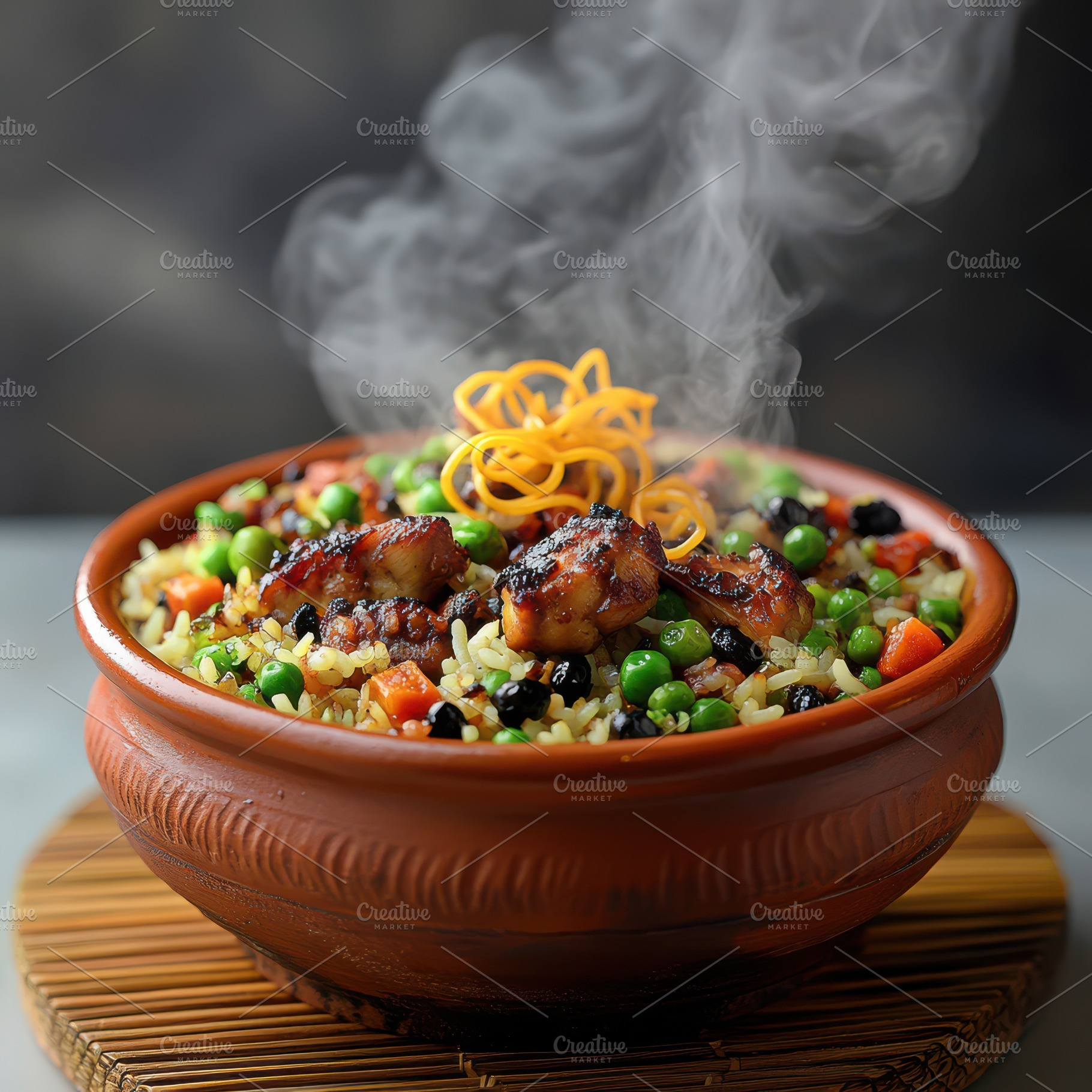 Clay bowl of biryani with colorful r, a Food & Drink Photo by Pixeness Studio