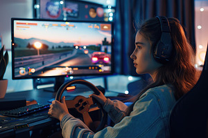 Young woman in headphones with steering wheel playing car racing game at home, a Sports & Recreation Photo by AlyaAnd