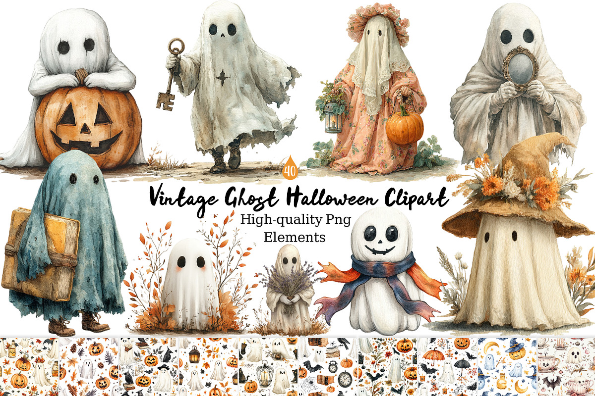 Vintage Ghost Halloween Clipart, a Seasonal Illustration by Daily.Designs (Photo 1 of 5)