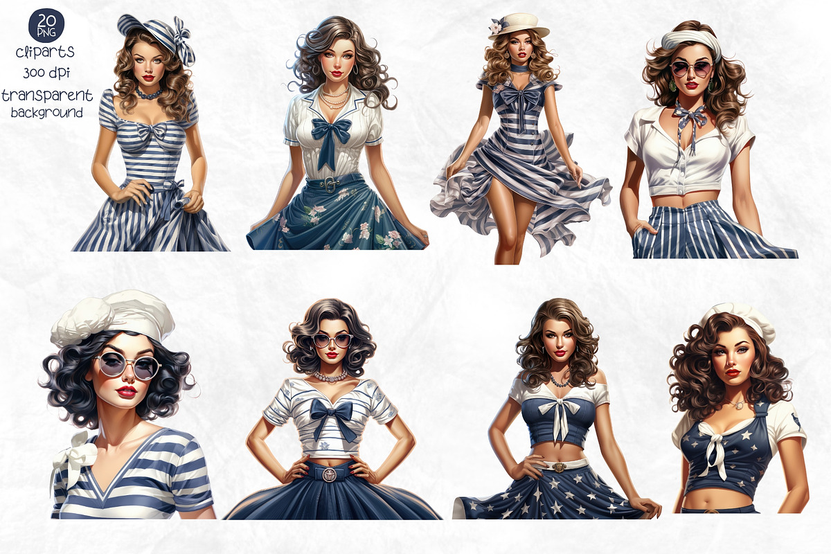 Nautical Pin Up Girl Watercolor PNG, a Person Illustration by Maysa Art