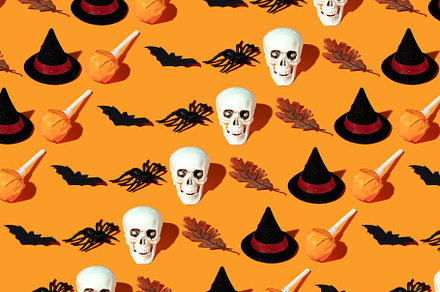 Orange background with collection of Halloween objects, Halloween pattern, a Holiday Photo by Natalia Klenova's Shop