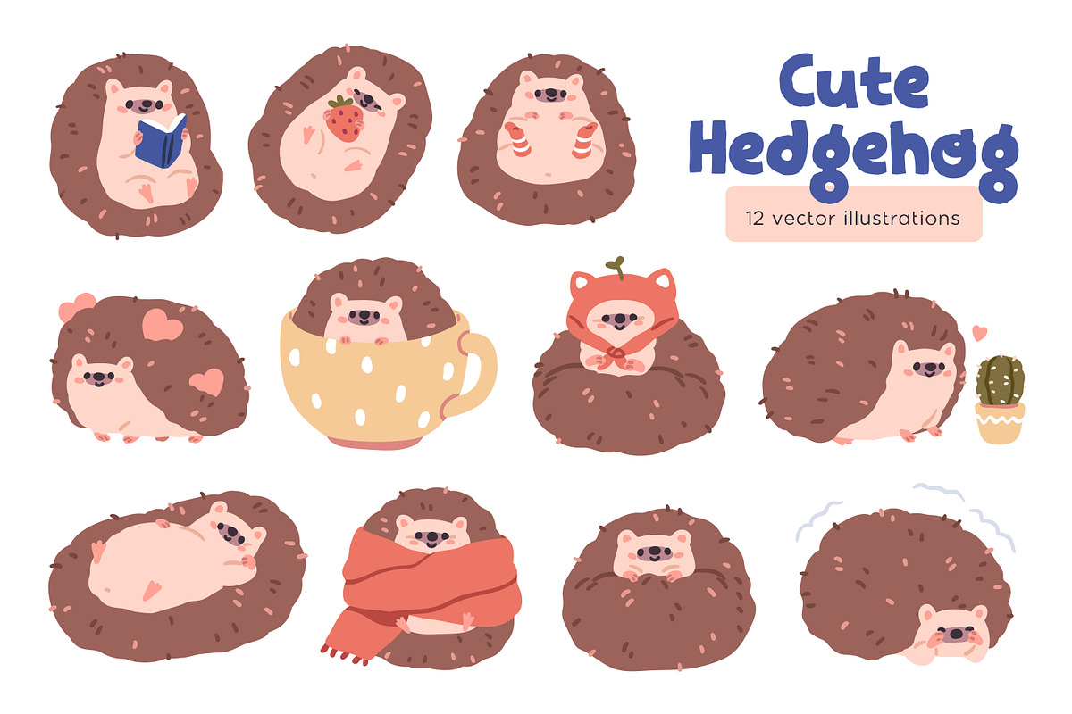 Cute funny hedgehogs animals set, an Animal Illustration by Good Studio (Photo 1 of 9)