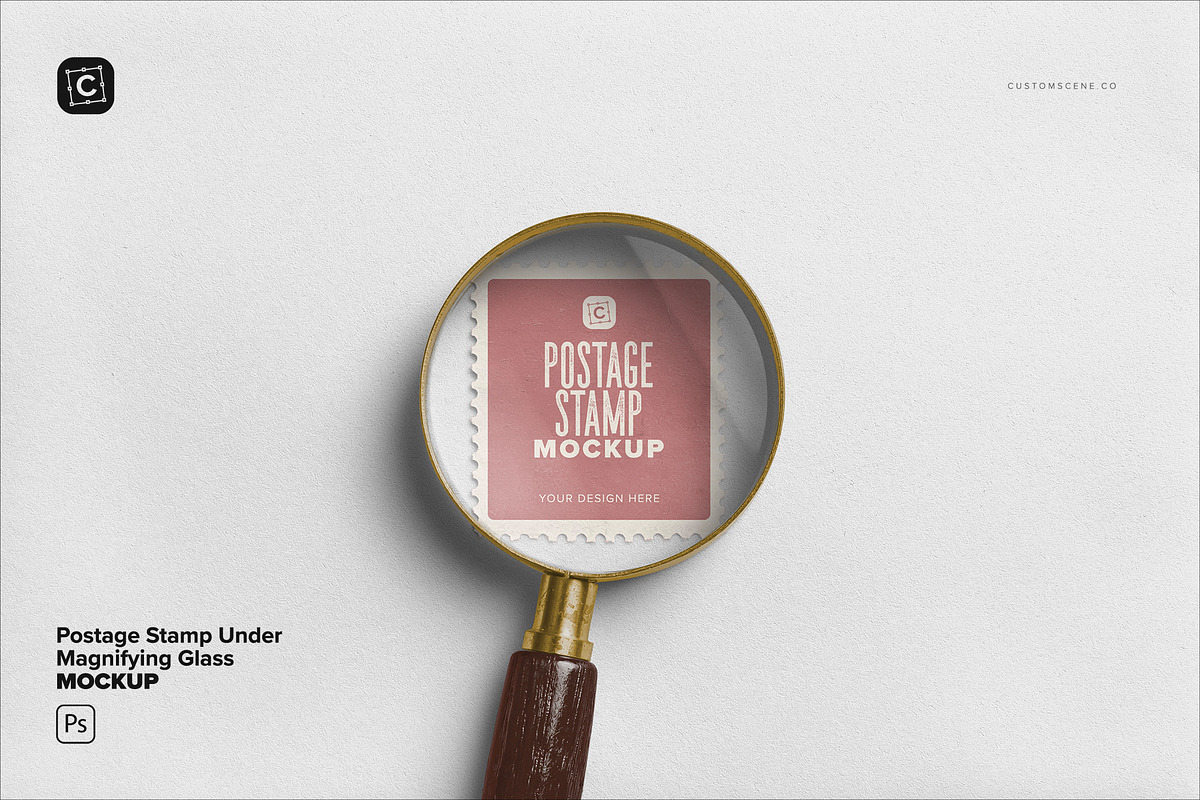 Postage Stamp Under Magnifying Glass, an Advertising Mockup by Custom Scene (Photo 2 of 11)