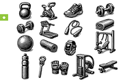 Vintage Gym Fitness Equipment Set, an Object Graphic by RT Studio (Thumbnail 1 of 4)