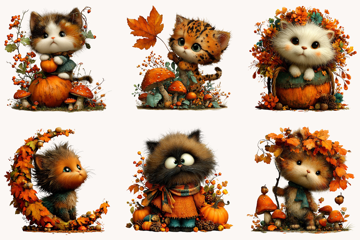 Whimsical Autumn Fall Cat Clipart, a Seasonal Illustration by Designworld (Photo 3 of 8)
