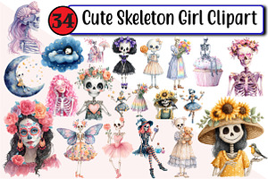 Cute Skeleton Girl Clipart, an Illustration by Design Market