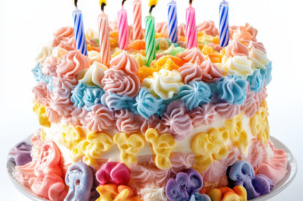 Colorful birthday cake with candles, a Background Photo by Pixeness