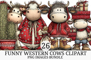 Funny Western Cows Clipart, an Illustration by Craft Nest
