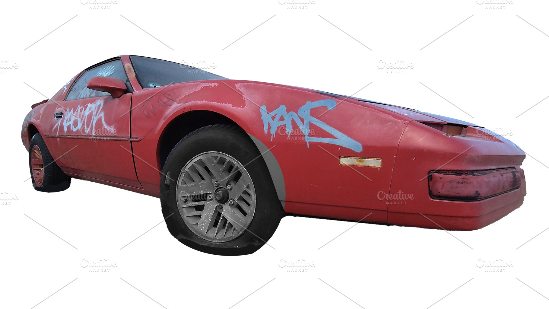 Graffitied abandoned red sports car isolated photo, a Transportation Photo by DanFLCreativo