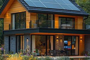 A modern house with solar panels on the roof, surrounded by a lush garden fille, an Industrial Photo by Textures & Backgrounds