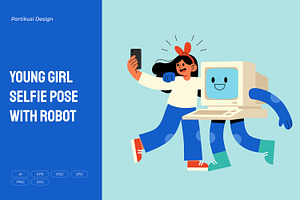 Young Girl Selfie Pose With Robot, a Person Illustration by Partikusi Design