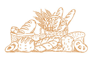 Various types of bread and bakery, a Food Illustration by Ilia Design