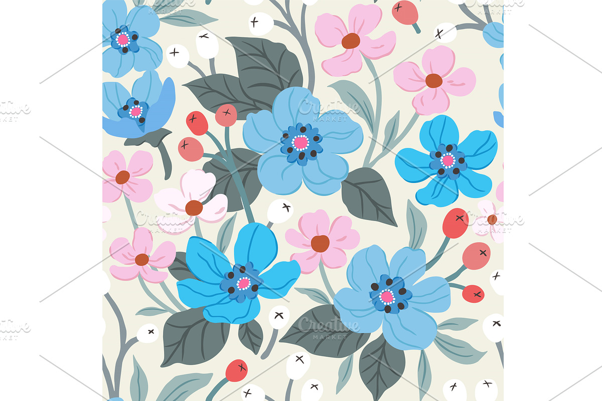 Floral patterns of blue and pink, an Illustration by julia-vasileva