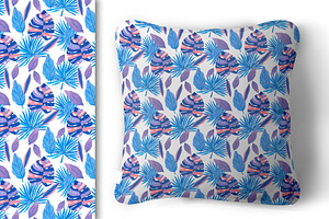 Tropical Leaves In Blue Pink